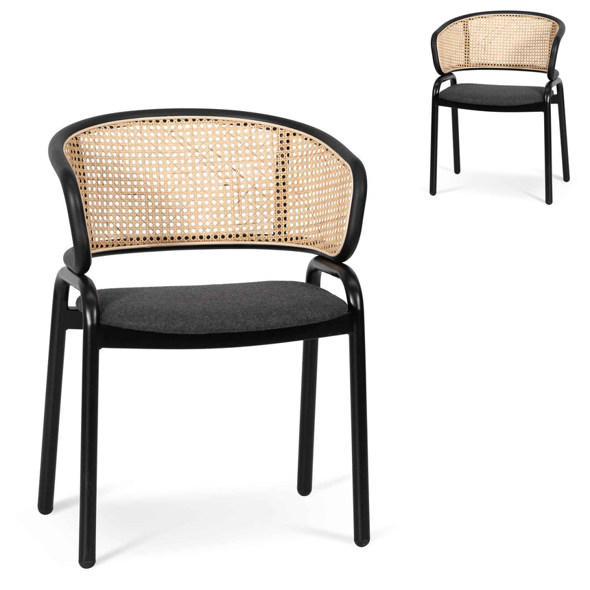 Fabric Dining Chair - Grey with Rattan Back (Set of 2)