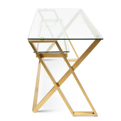 Ex Display - COF2589-BS 120cm Glass Home Office Desk - Brushed Gold Base