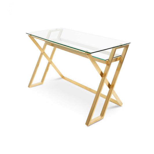 Ex Display - COF2589-BS 120cm Glass Home Office Desk - Brushed Gold Base