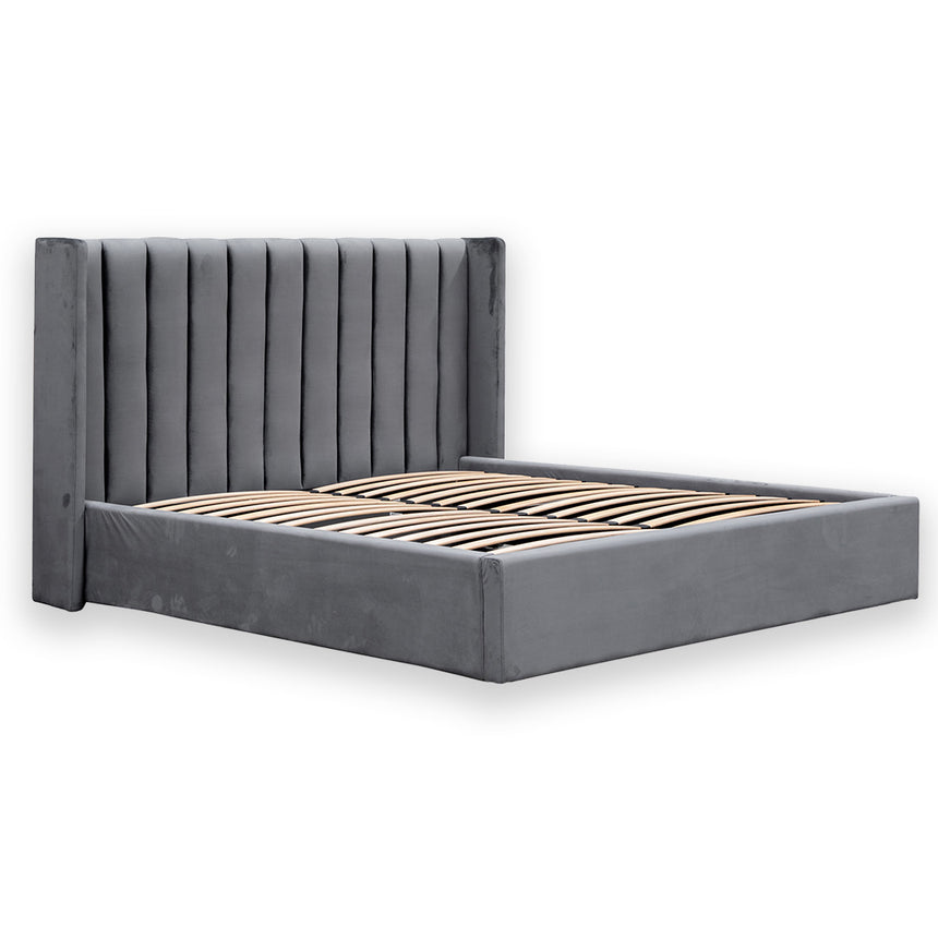 Queen Bed Frame - Wide Base in Charcoal Velvet - View 4